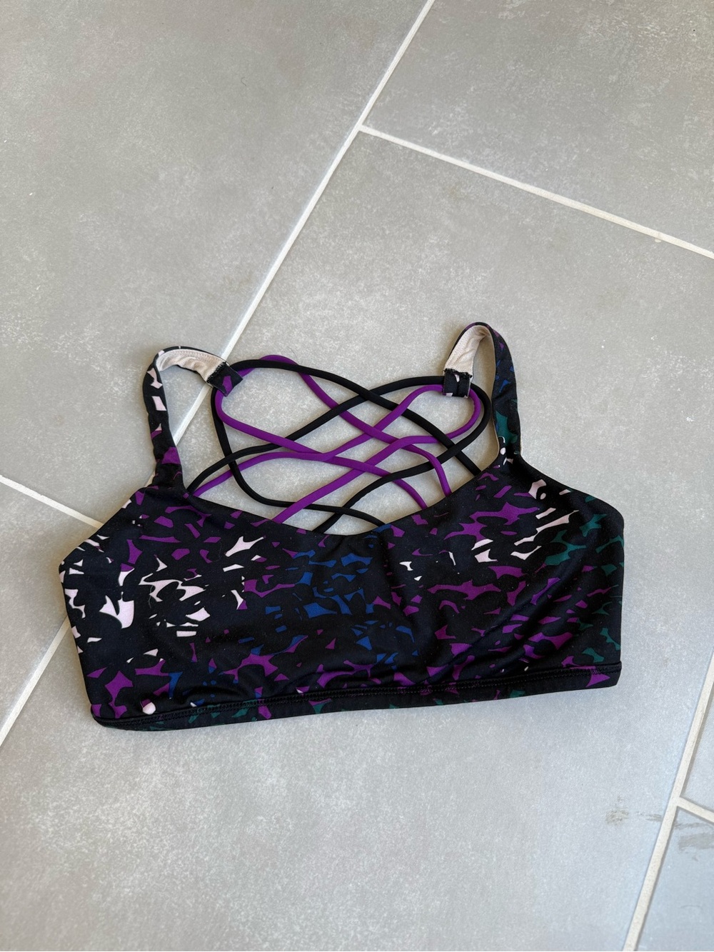 Lulu Lemon Strappy Printed Sports Bralette in Black and Purple - size 6